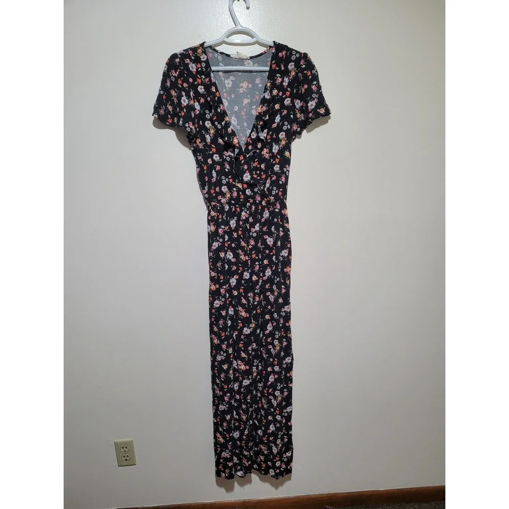 Kingston Grey Floral‎ Jumpsuit Womens Large Black Ruffle Wrap Wide Leg